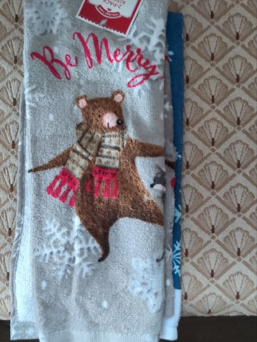 Kitchen Towel Set - Red Santa & Blue Snowflake Holiday Towels. NWT